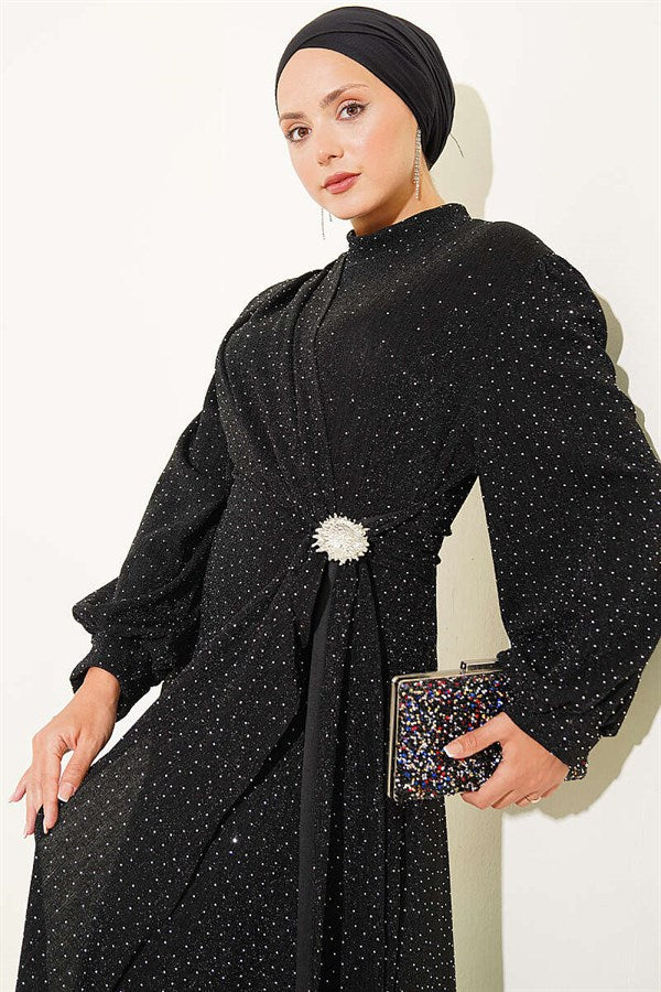 Silver Buckle Embellished Glittery Evening Dress, Black