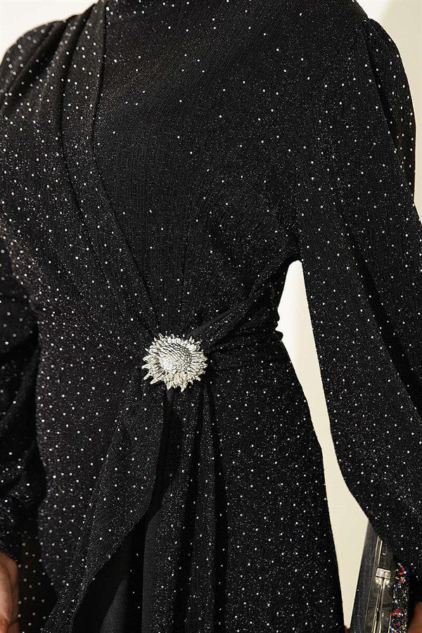 Silver Buckle Embellished Glittery Evening Dress, Black