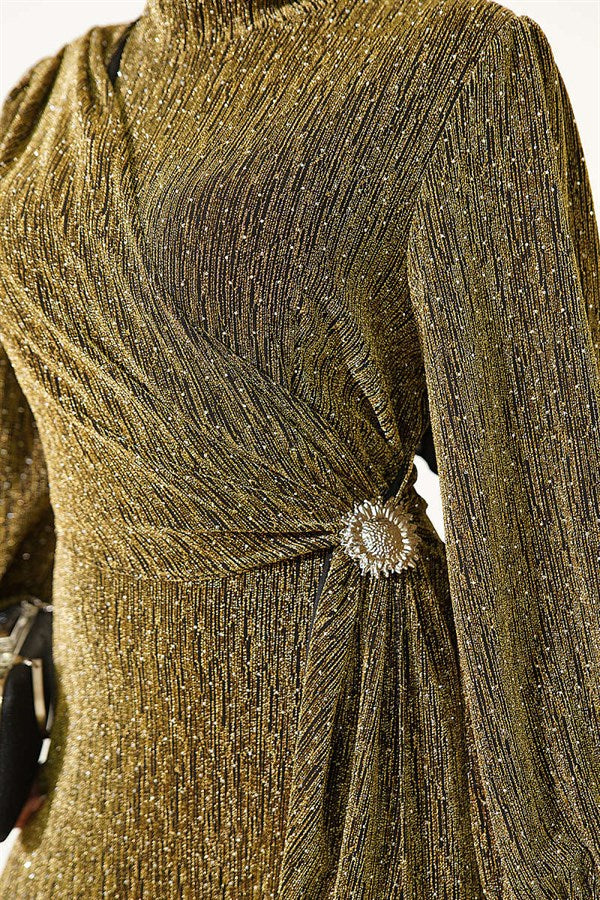 Silver Buckle Embellished Glittery Stone Evening Dress in Olive Green