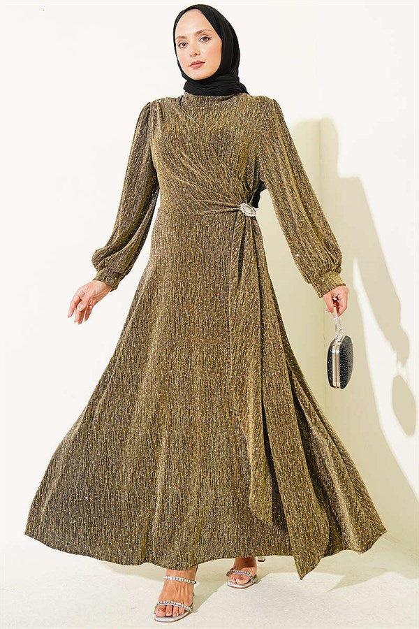 Silver Buckle Embellished Glittery Stone Evening Dress in Olive Green