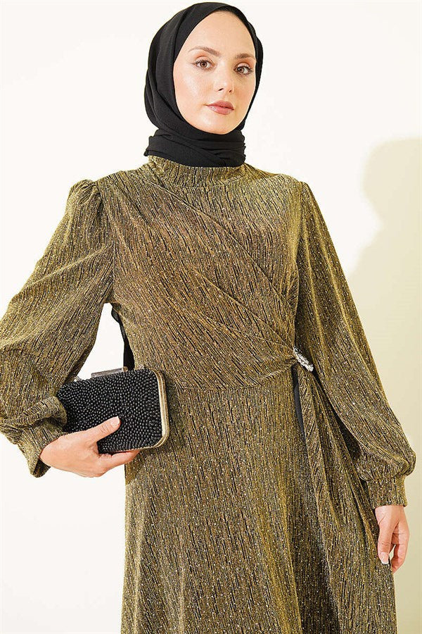 Silver Buckle Embellished Glittery Stone Evening Dress in Olive Green
