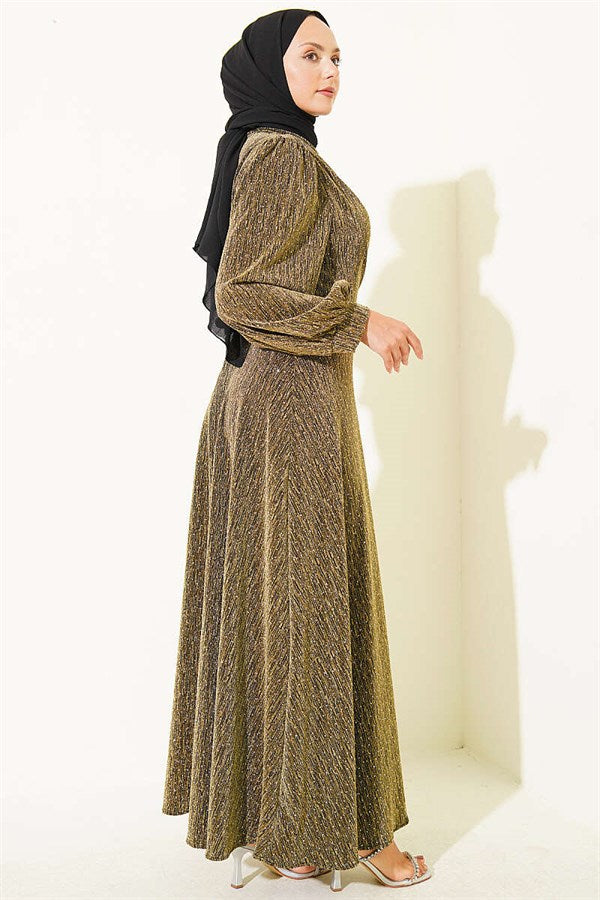 Silver Buckle Embellished Glittery Stone Evening Dress in Olive Green