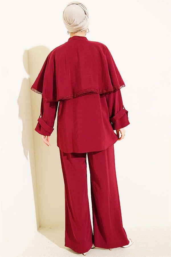 2 Piece Set with Lace Detail and Cape, Burgundy