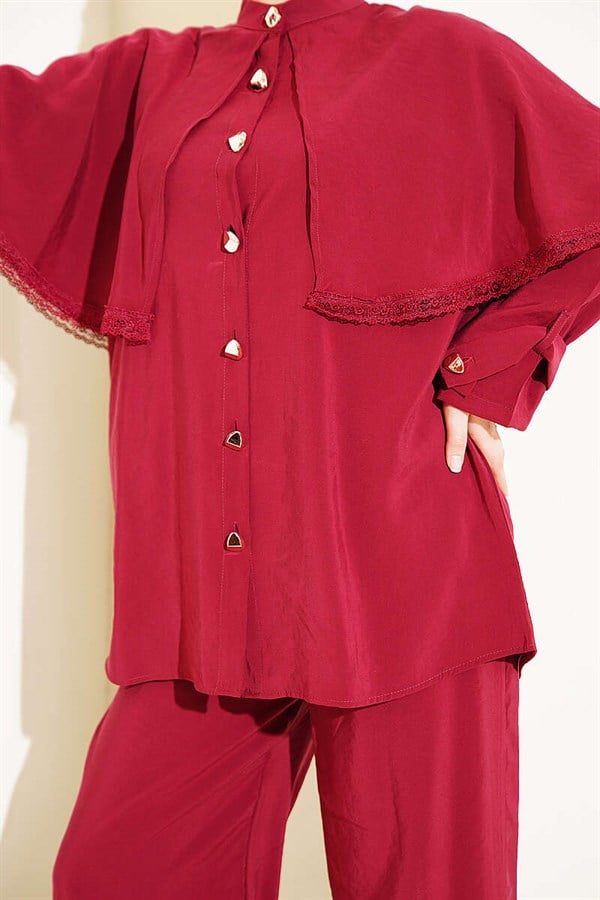 2 Piece Set with Lace Detail and Cape, Burgundy