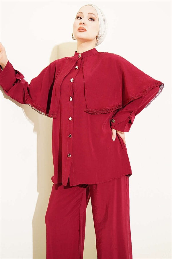 2 Piece Set with Lace Detail and Cape, Burgundy