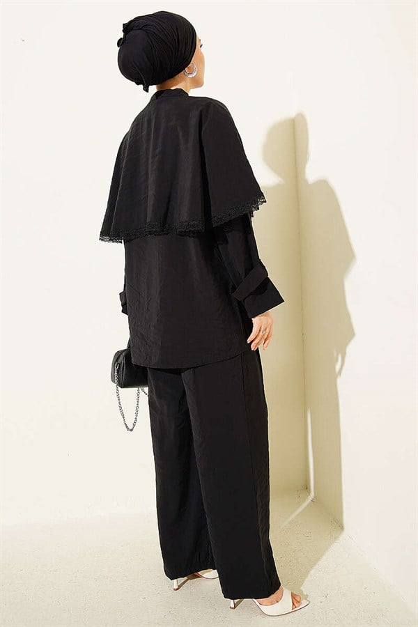 2 Piece Set with Lace Detail and Cape, Black