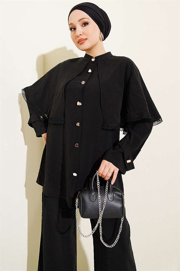 2 Piece Set with Lace Detail and Cape, Black
