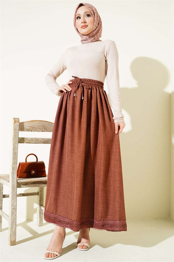 Lace Detail Skirt with Elastic Waistband, Brown