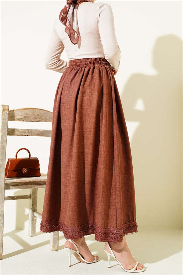 Lace Detail Skirt with Elastic Waistband, Brown