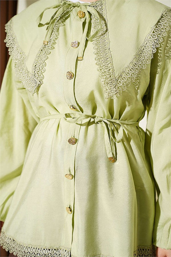 Lace Detail Shirt with Elasticated Cuffs, Light Green
