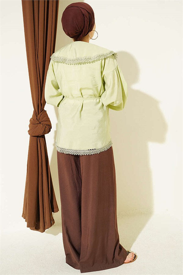Lace Detail Shirt with Elasticated Cuffs, Light Green