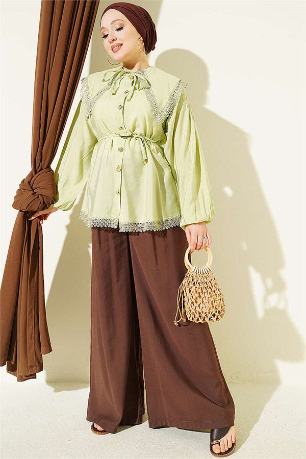 Lace Detail Shirt with Elasticated Cuffs, Light Green