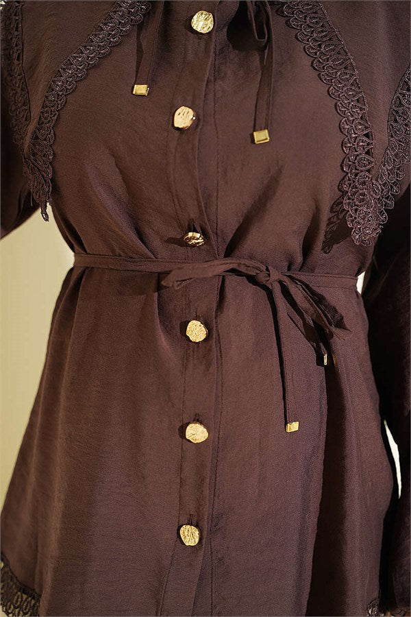 Lace Detail Shirt with Elasticated Cuffs, Brown