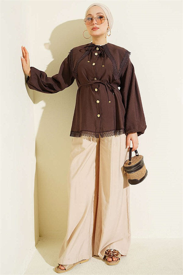 Lace Detail Shirt with Elasticated Cuffs, Brown