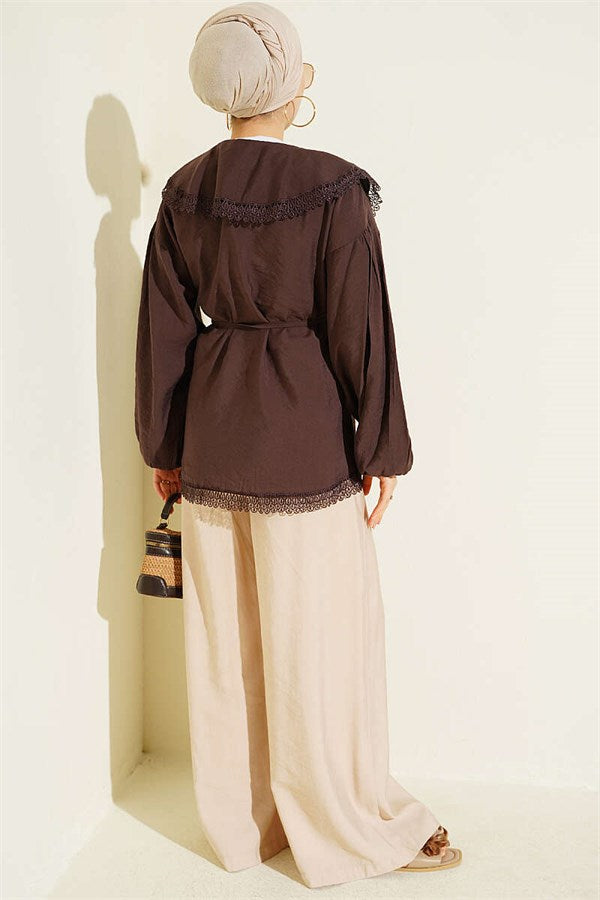 Lace Detail Shirt with Elasticated Cuffs, Brown