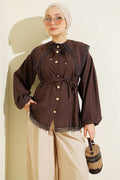 Lace Detail Shirt with Elasticated Cuffs, Brown