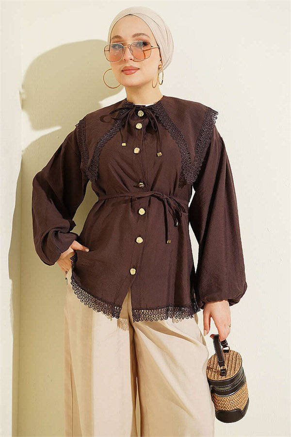 Lace Detail Shirt with Elasticated Cuffs, Brown