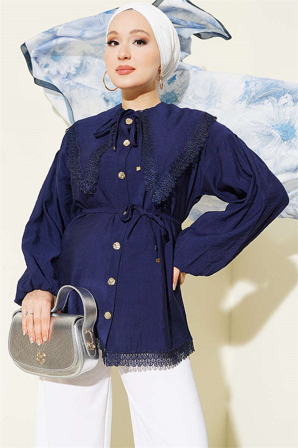 Navy Blue Shirt with Lace Detail and Elasticated Cuffs