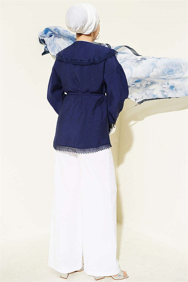 Navy Blue Shirt with Lace Detail and Elasticated Cuffs