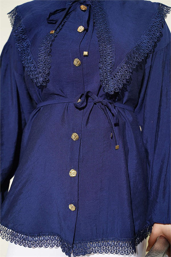 Navy Blue Shirt with Lace Detail and Elasticated Cuffs