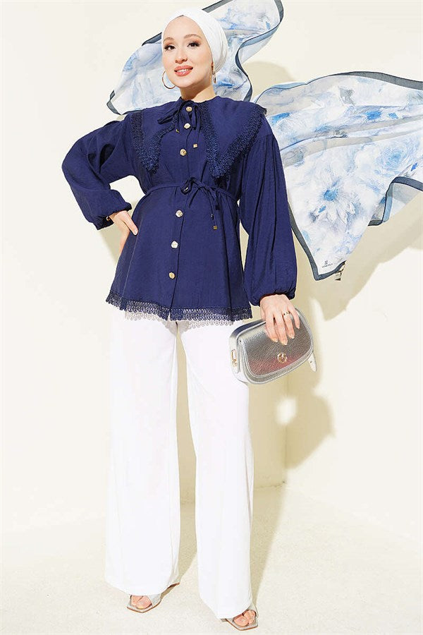 Navy Blue Shirt with Lace Detail and Elasticated Cuffs