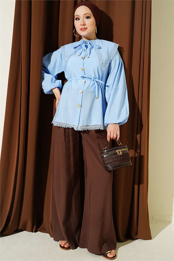 Lace Detail Shirt with Elasticated Cuffs, Blue