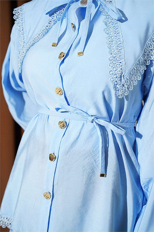 Lace Detail Shirt with Elasticated Cuffs, Blue