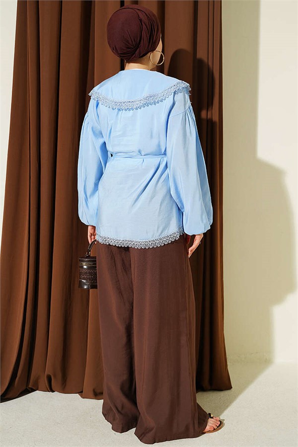 Lace Detail Shirt with Elasticated Cuffs, Blue