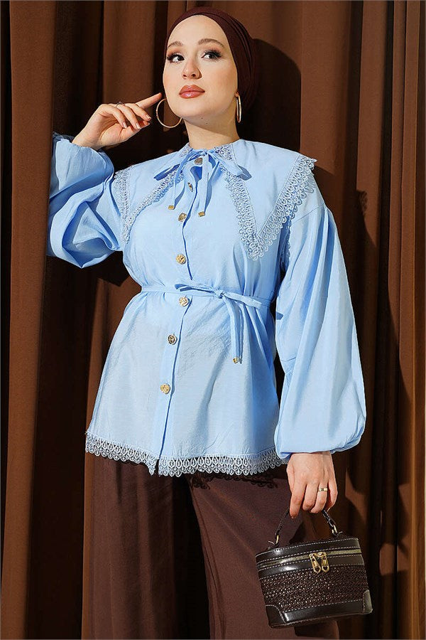 Lace Detail Shirt with Elasticated Cuffs, Blue