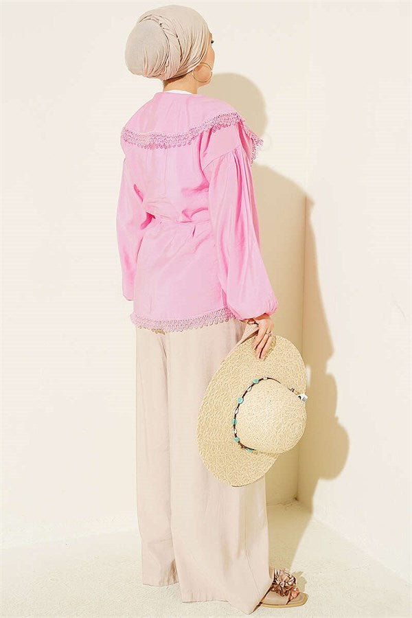 Pink Shirt with Lace Detail and Elastic Cuffs
