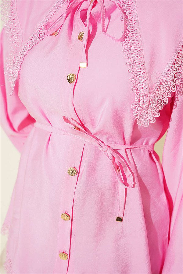 Pink Shirt with Lace Detail and Elastic Cuffs