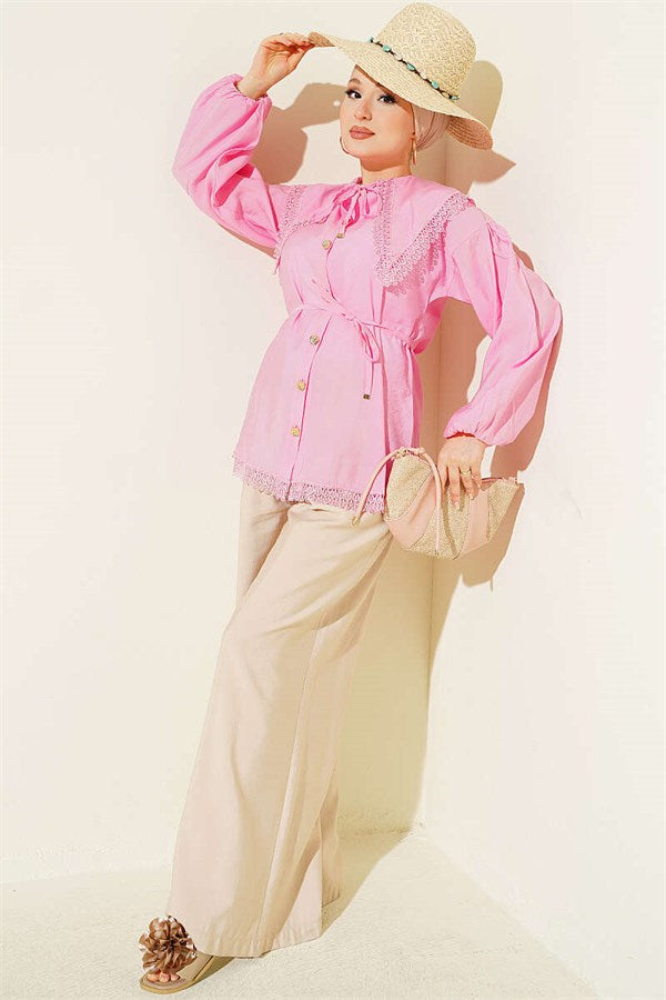 Pink Shirt with Lace Detail and Elastic Cuffs