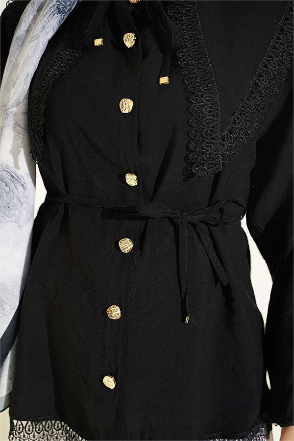 Lace Detail Shirt with Elasticated Cuffs, Black