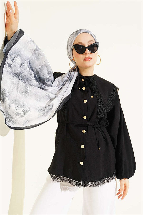 Lace Detail Shirt with Elasticated Cuffs, Black