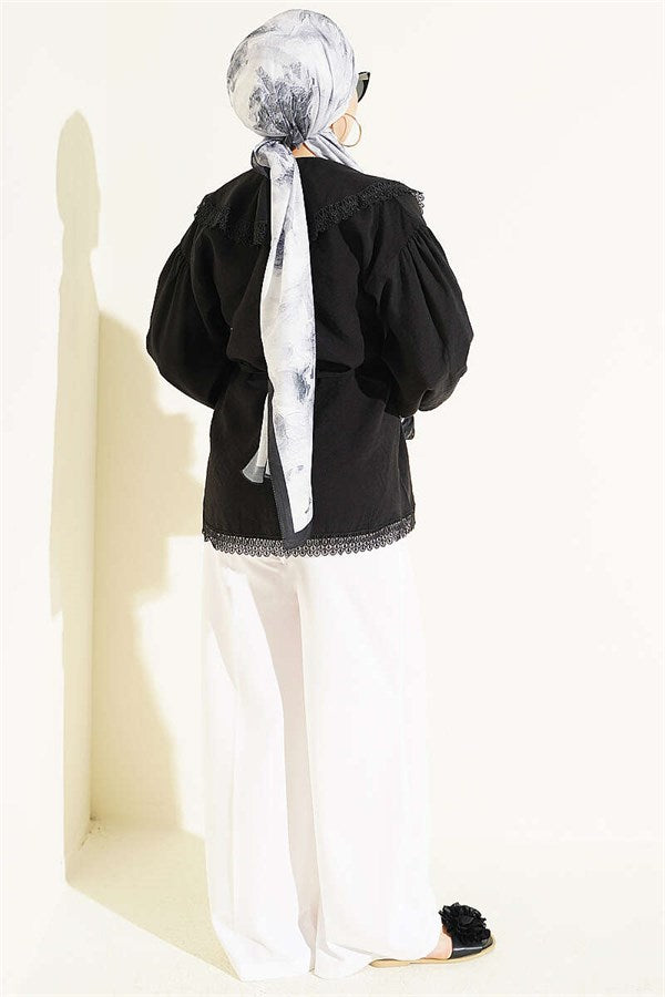 Lace Detail Shirt with Elasticated Cuffs, Black