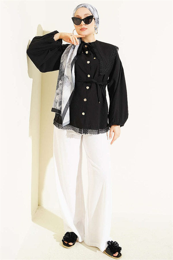 Lace Detail Shirt with Elasticated Cuffs, Black