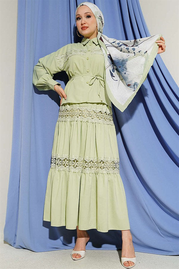 2 Piece Set with Lace Detail Skirt, Light Green