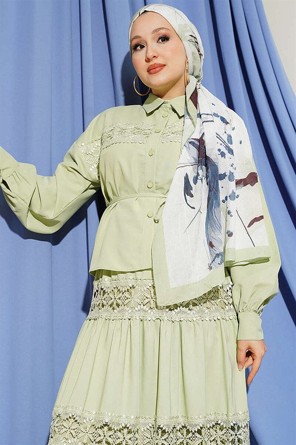 2 Piece Set with Lace Detail Skirt, Light Green
