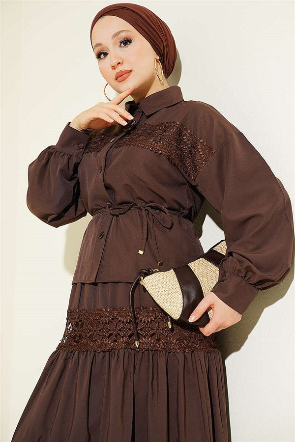 2 Piece Set with Lace Detail Skirt, Coffee