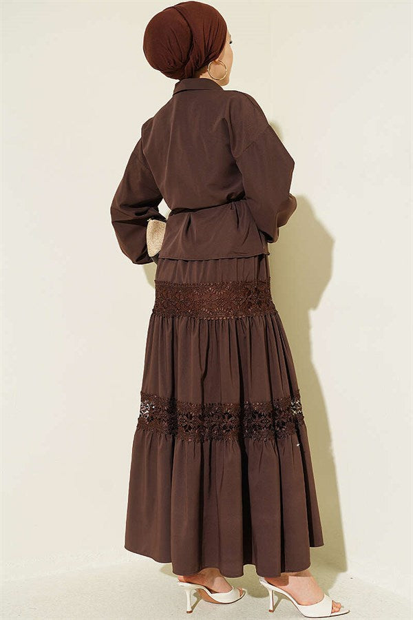 2 Piece Set with Lace Detail Skirt, Coffee