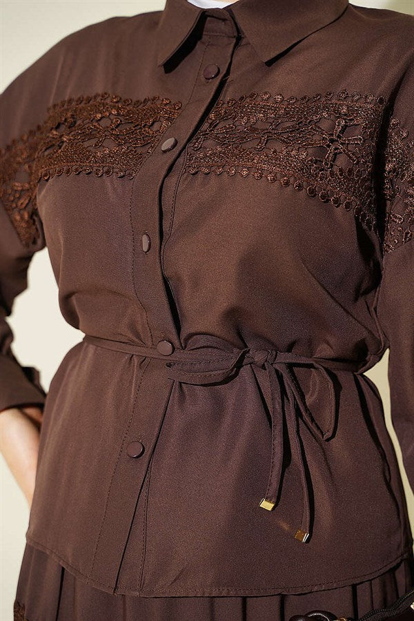 2 Piece Set with Lace Detail Skirt, Coffee