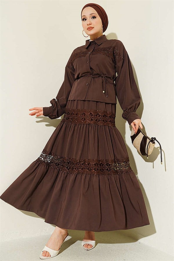 2 Piece Set with Lace Detail Skirt, Coffee