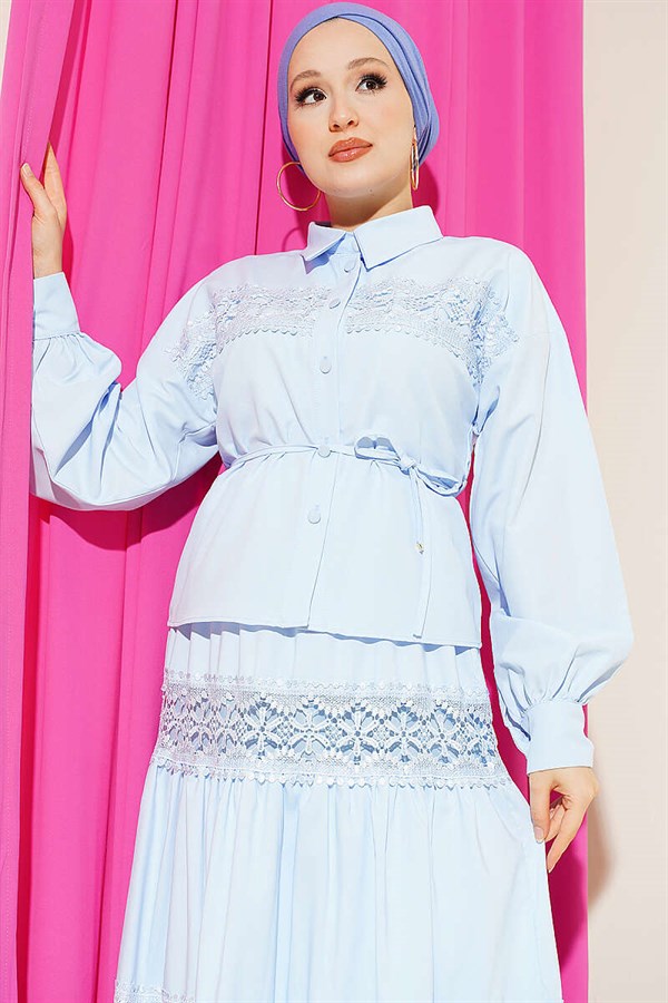 2 Piece Set with Lace Detail Skirt, Blue