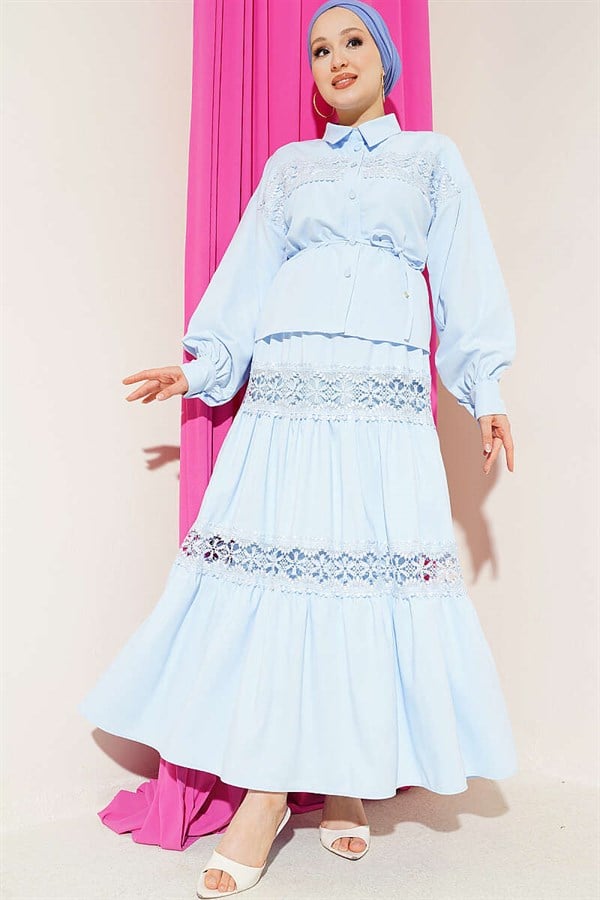 2 Piece Set with Lace Detail Skirt, Blue