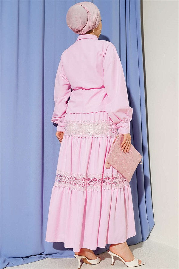 2 Piece Set with Lace Detail Skirt, Pink