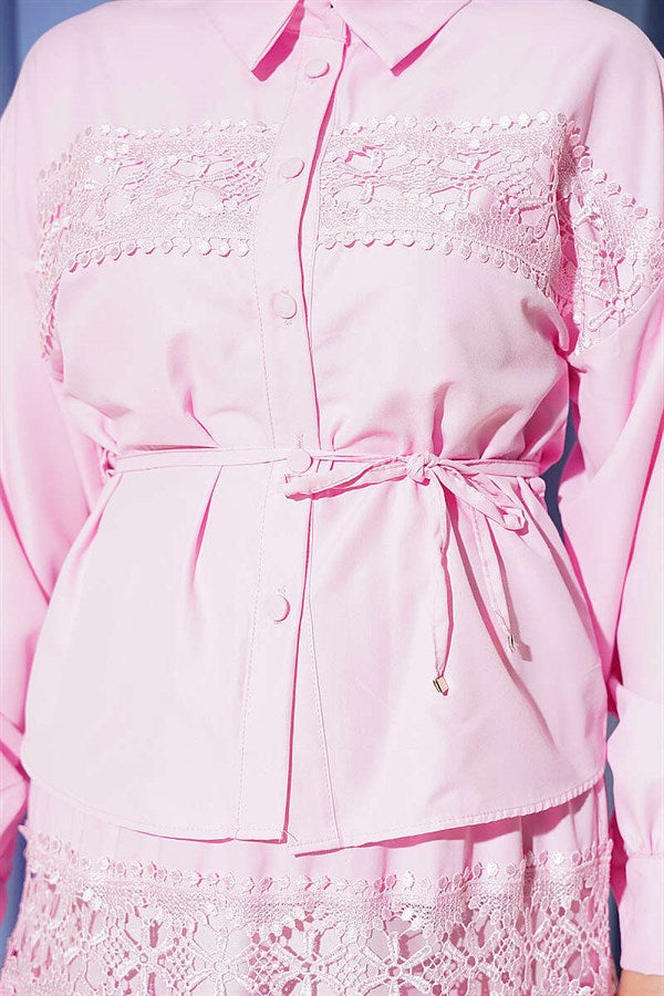 2 Piece Set with Lace Detail Skirt, Pink