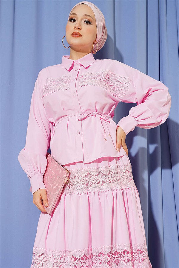 2 Piece Set with Lace Detail Skirt, Pink