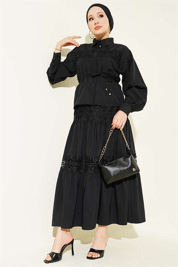 2 Piece Set with Lace Detail Skirt, Black