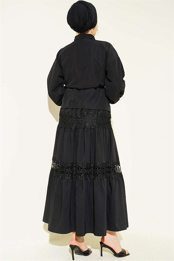 2 Piece Set with Lace Detail Skirt, Black