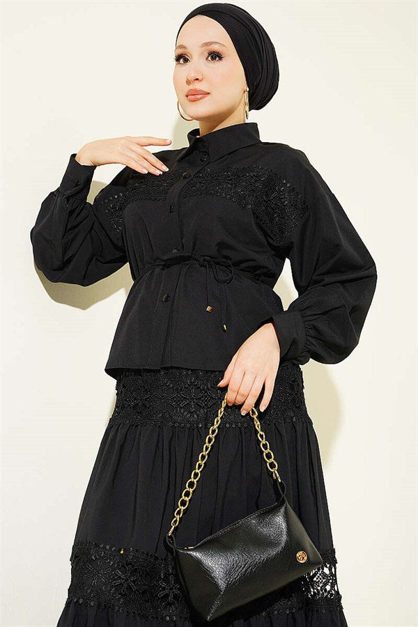 2 Piece Set with Lace Detail Skirt, Black
